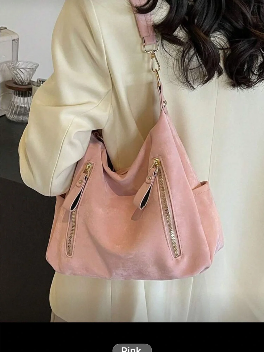 Soft Pink Hobo Shoulder Bag with Gold Accents